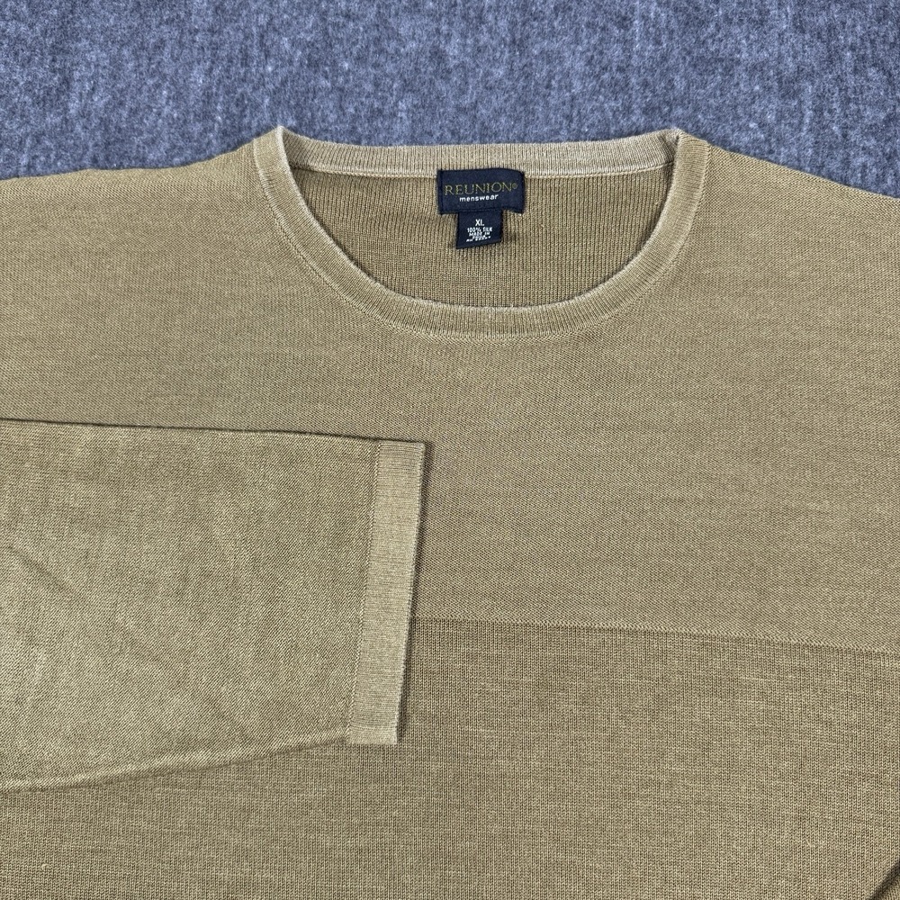 Reunion Mens XL 100% Silk Sweater Tan Brown Crewneck Long Sleeve Knit